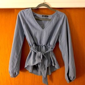Peplum, bell sleeve top - dusty blue